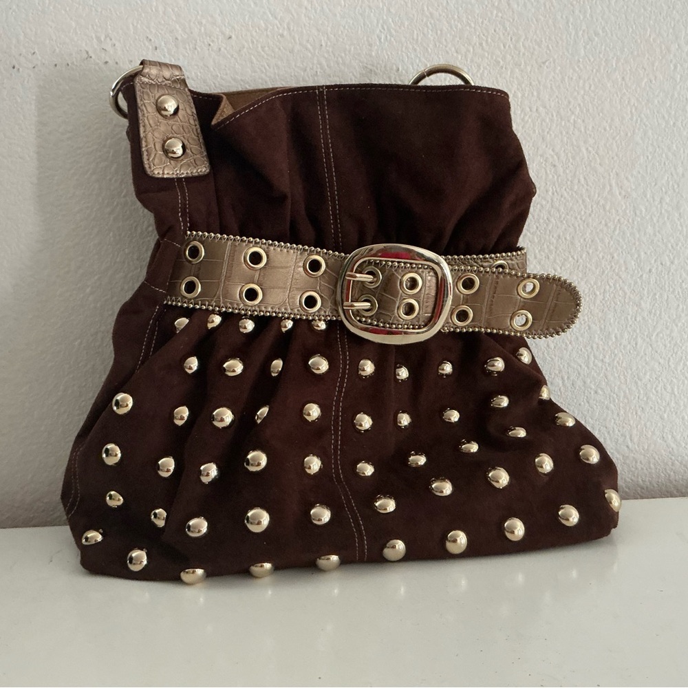 Kathy Van Zeeland Studded Brown Suede Bag